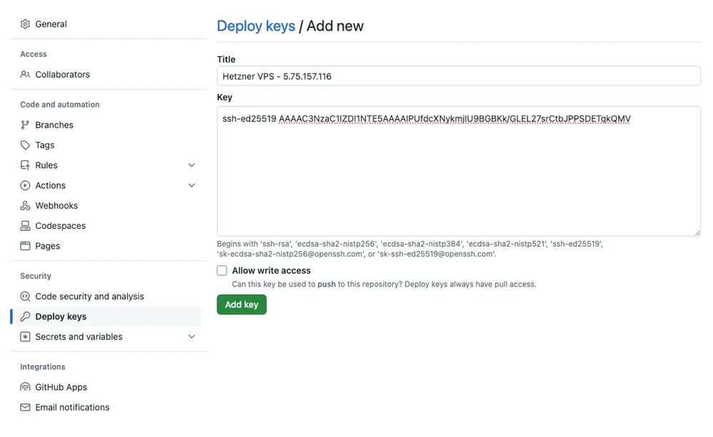 GitHub UI – adding a Deploy key