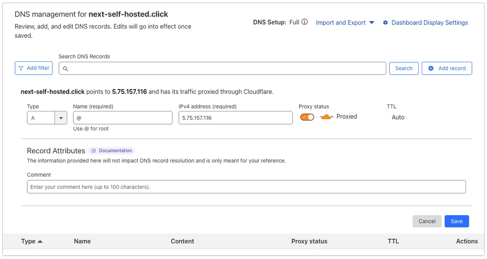 Cloudflare UI – creating an A record for the domain