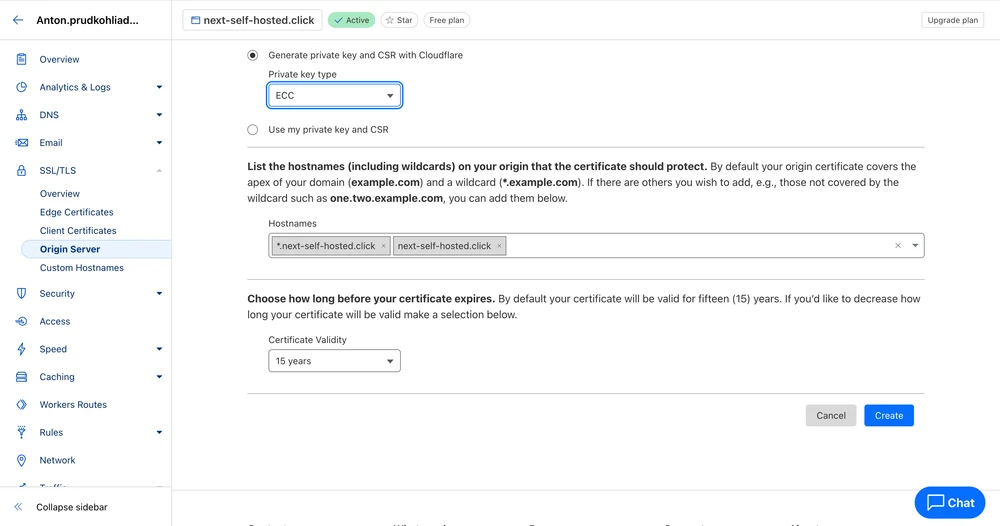 Cloudflare UI – generating a new Origin Server certificate