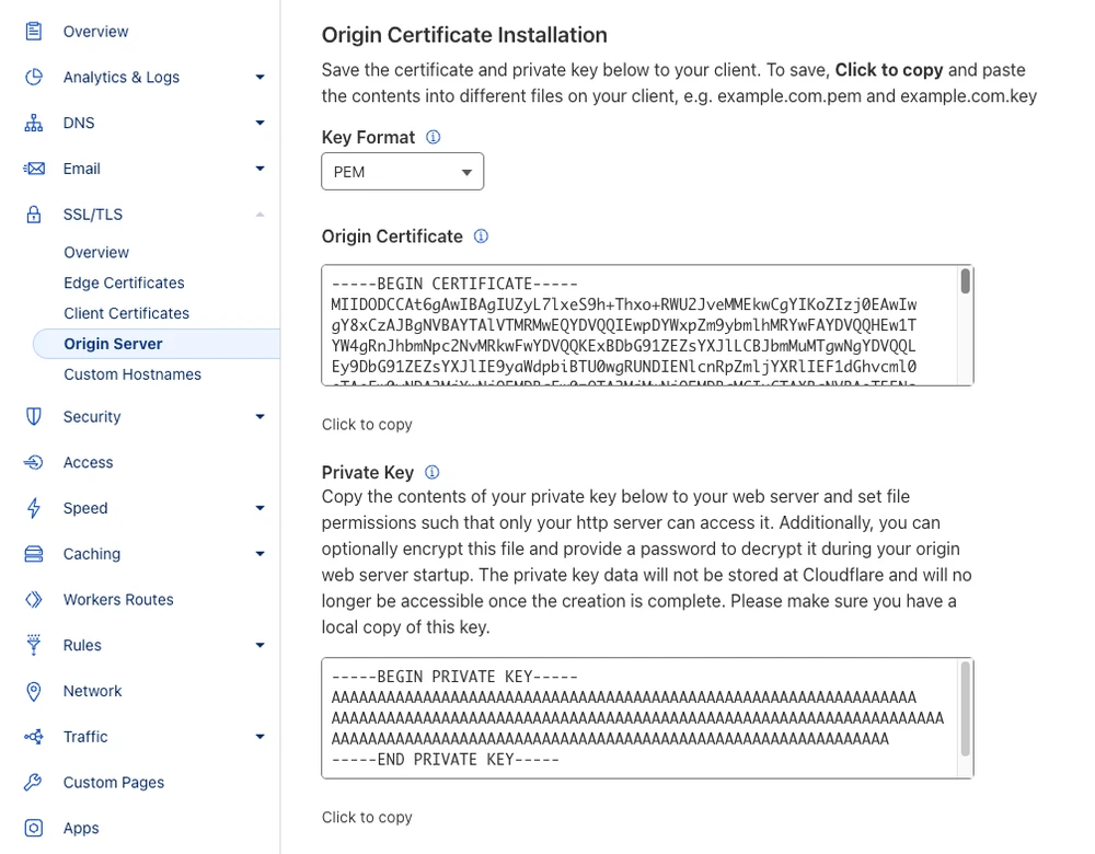 Cloudflare UI – a new Origin Server certificate