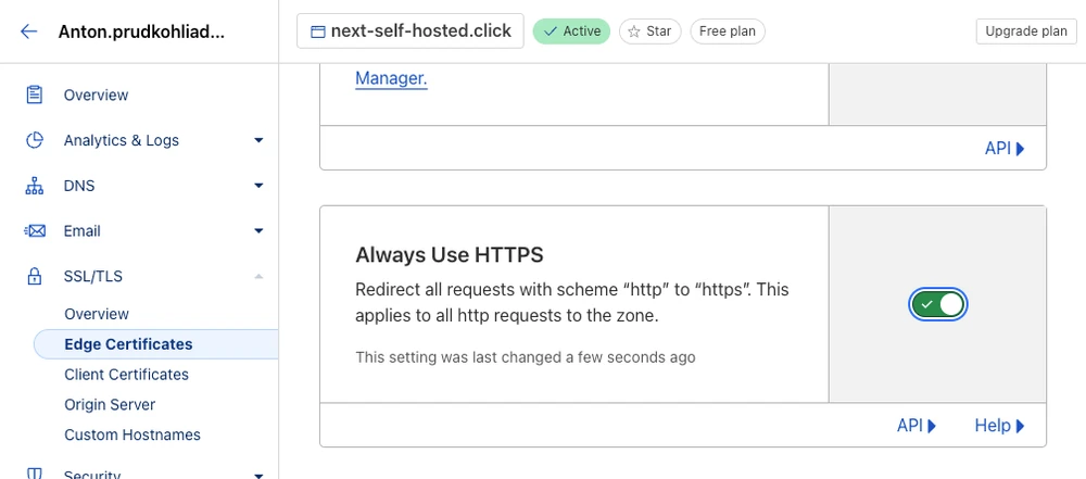 Cloudflare UI – enabling the Always Use HTTPS toggle