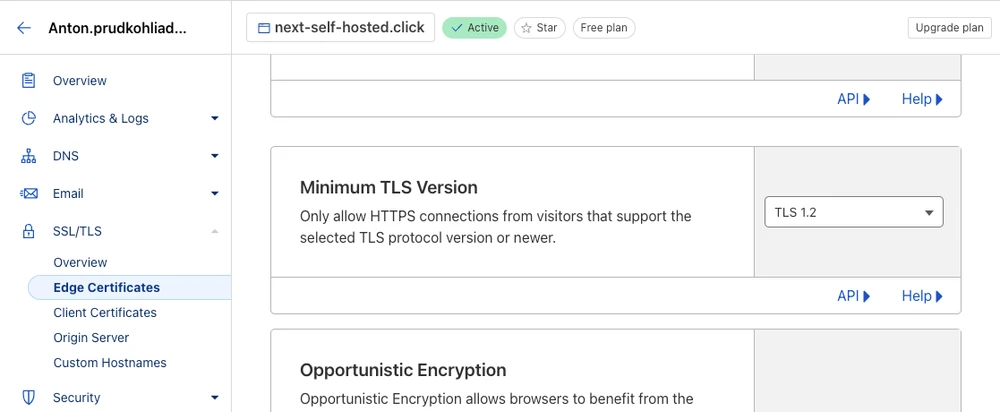 Cloudflare UI – changing the Minimum TLS Version to v1.2