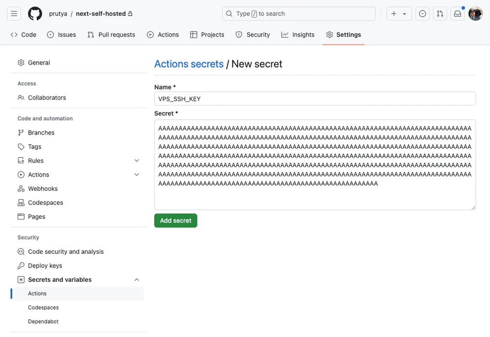 GitHub UI - adding the VPS_SSH_KEY secret