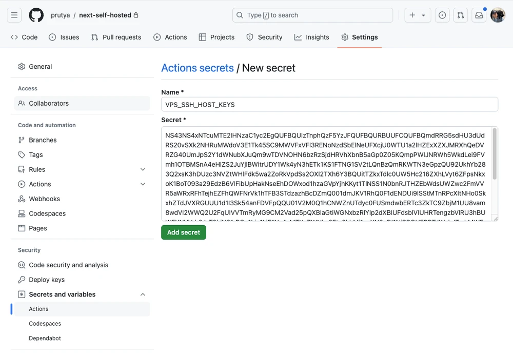 GitHub UI - adding the VPS_SSH_HOST_KEYS secret
