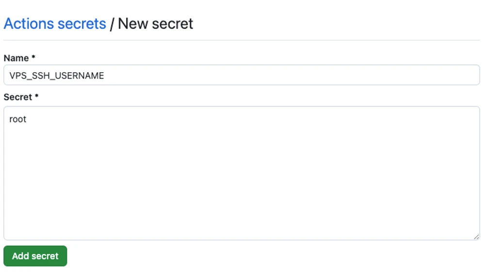 GitHub UI - adding the VPS_SSH_USERNAME secret