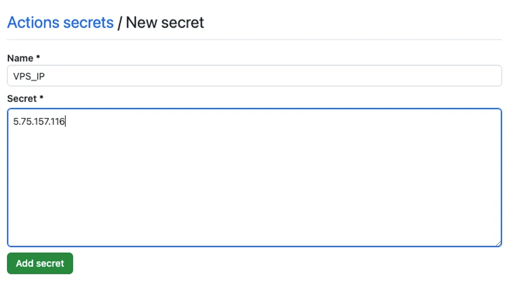 GitHub UI - adding the VPS_IP secret