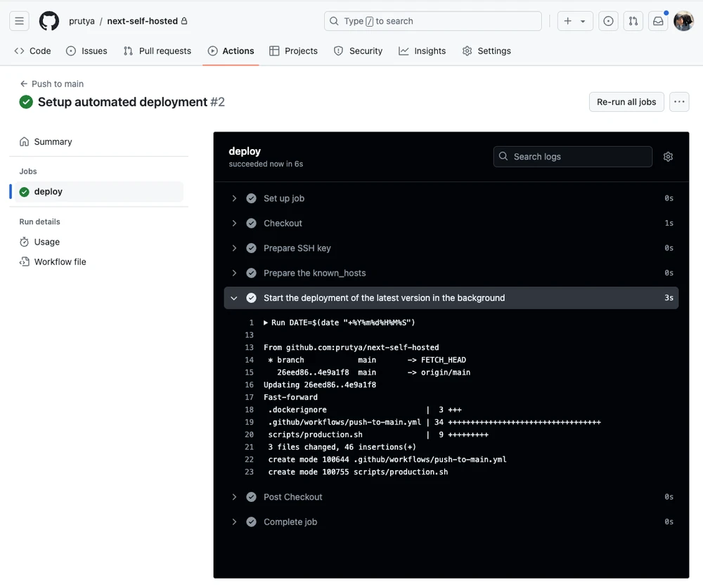 GitHub UI – deployment Action log