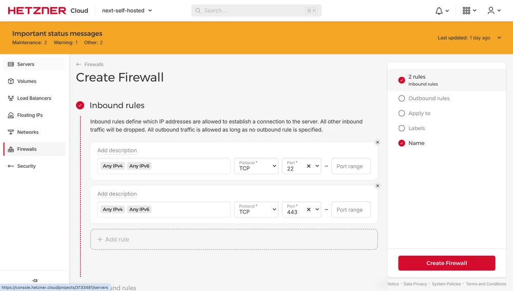 Hetzner UI – creating a new Firewall
