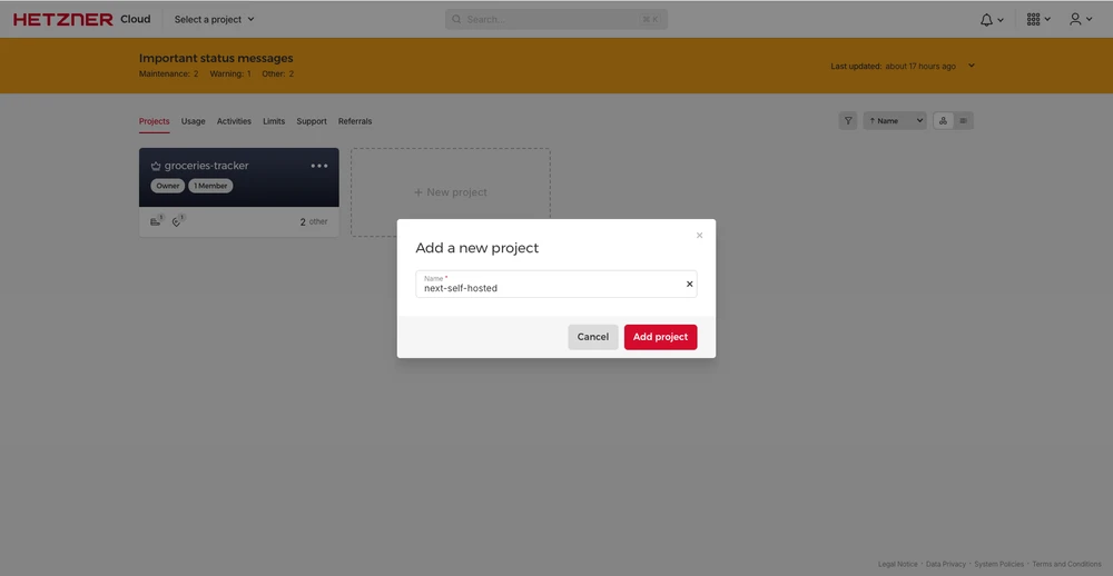 Hetzner UI – adding a new project