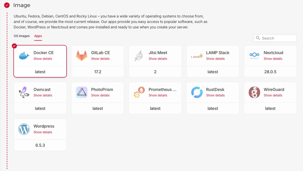 Hetzner UI – server image selection