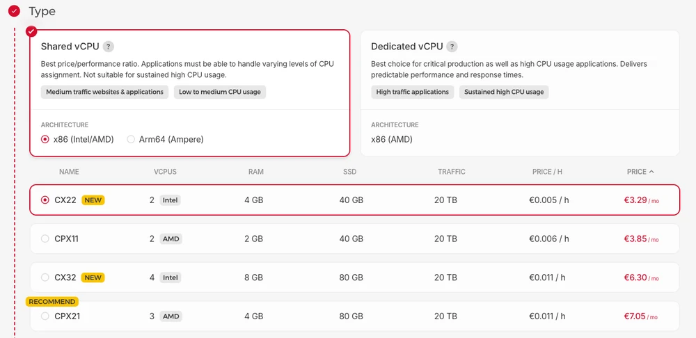 Hetzner UI – server type selection