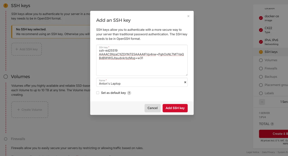 Hetzner UI – adding an SSH key